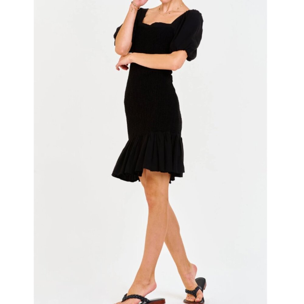 NWT Small Dear John Camille Black Smocked Fitted Ruffle Dress (ABBA)